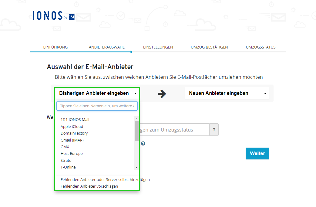 Screenshot: Die Seite Auswahl der E-Mail-Anbieter wird angezeigt. Auf dieser Seite ist das Feld Bisherigen Anbieter eingeben hervorgehoben.