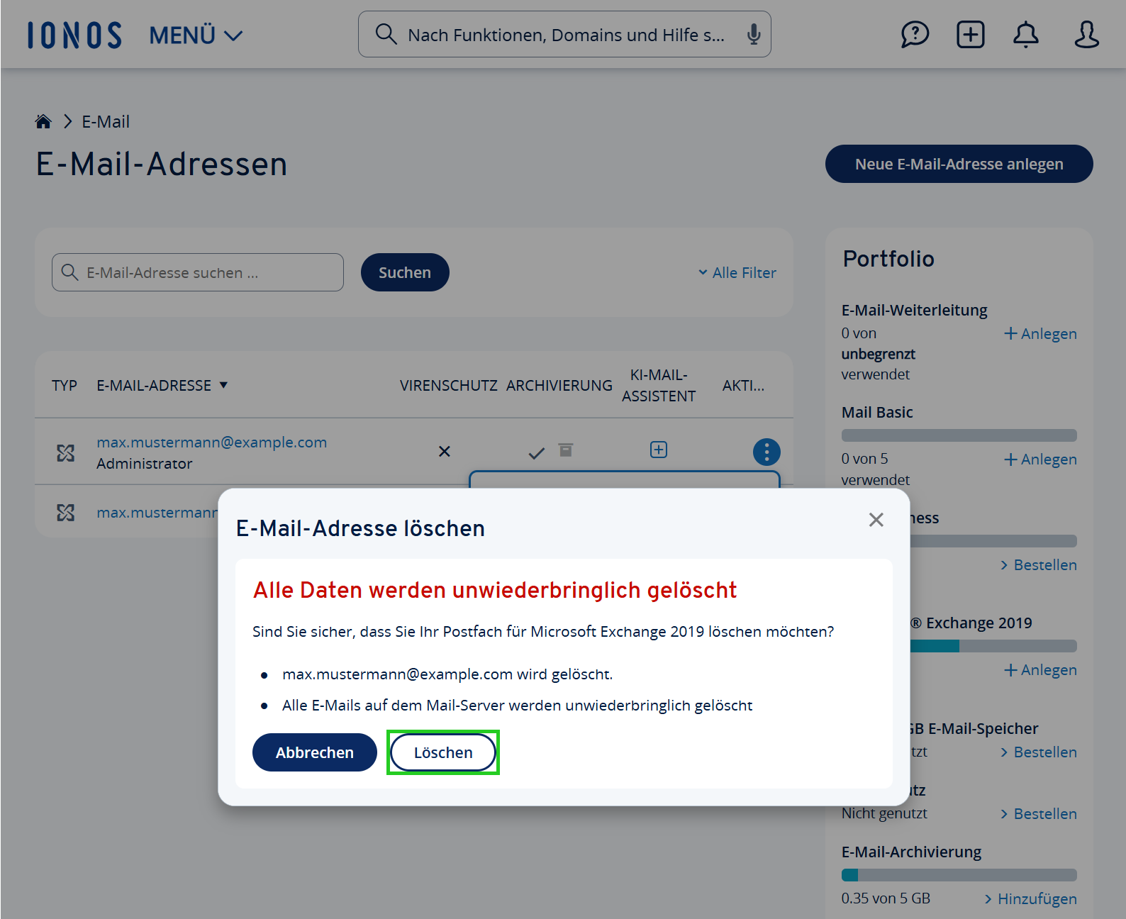 Screenshot: Das Fenster E-Mail-Adresse löschen wird angezeigt. In dem Fenster ist die Schaltfläche Löschen hervorgehoben.