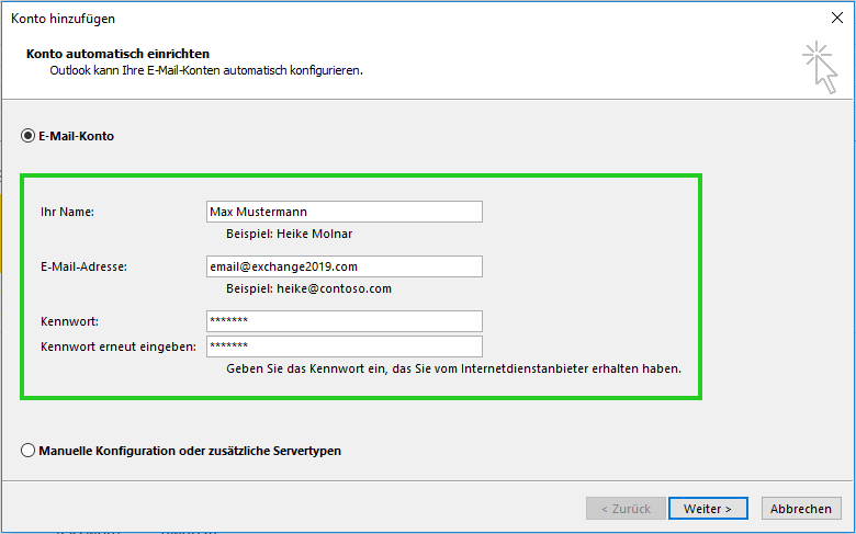 Screenshot: Fenster Konto hinzufügen. Felder Ihr Name, E-Mail-Adresse, Kennwort und Kennwort erneut eingeben sind im Bereich E-Mail-Konto hervorgehoben.