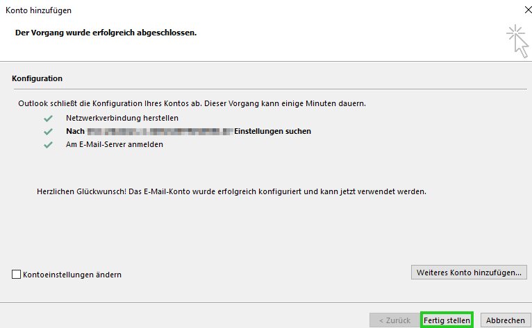 Screenshot: Fenster Konfiguration. Die Schaltfläche Fertig stellen ist hervorgehoben.