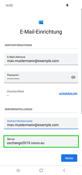 Screenshot: Der Screen E-Mail-Einrichtung wird angezeigt. In diesem Screen ist das Feld Server hervorgehoben.