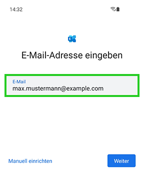 Screenshot: Der Screen E-Mail-Adresse eingeben wird angezeigt. In diesem Screen ist das Feld E-Mail hervorgehoben.