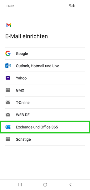 Screenshot: Der Screen E-Mail einrichten wird angezeigt. In diesem Screen ist der Menüpunkt Exchange und Office 365 hervorgehoben.