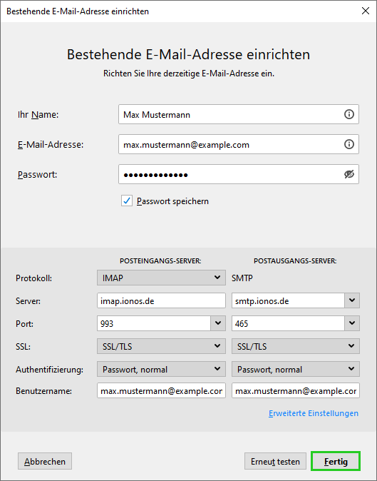 Screenshot des Fensters Bestehende E-Mail-Adresse einrichten. Es werden zusätzliche Felder für den Posteingangs und Postausgangsserver angezeigt. Die Schaltfläche Fertig ist hervorgehoben.