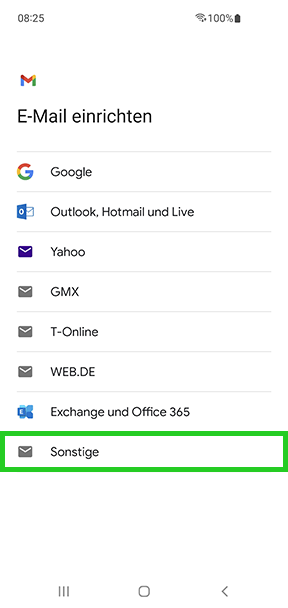 Der Screen E-Mail einrichten in der Gmail App ist abgebildet. In diesem Screen ist die Schaltfläche Sonstige hervorgehoben.