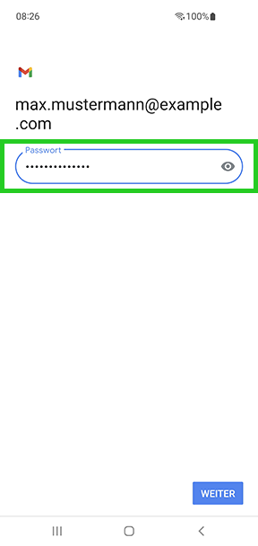 Der Screen mit der Überschrift max.mustermann@example.com ist abgebildet. In diesem Screen ist das Feld Passwort hervorgehoben.