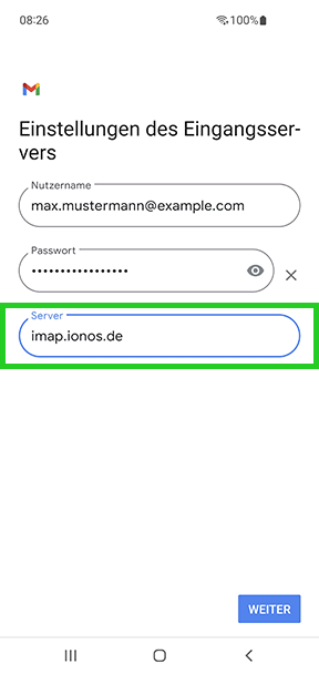 Der Screen Einstellungen des Eingangsservers ist abgebildet. In diesem Screen ist das Feld Server hervorgehoben.