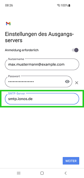 Der Screen Einstellungen des Ausgangsservers ist abgebildet. In diesem Screen ist das Feld SMTP-Servers hervorgehoben.
