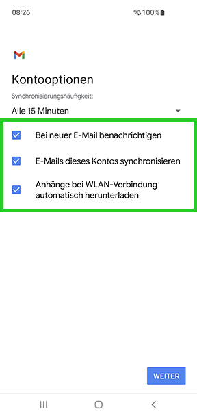 Der Screen Kontooptionen ist abgebildet. In diesem Screen sind die Kontooptionen Bei neuer E-Mail benachrichtigen, E-Mails dieses Kontos synchronisieren und Anhänge bei WLAN-Verbindung automatisch herunterladen hervorgehoben.