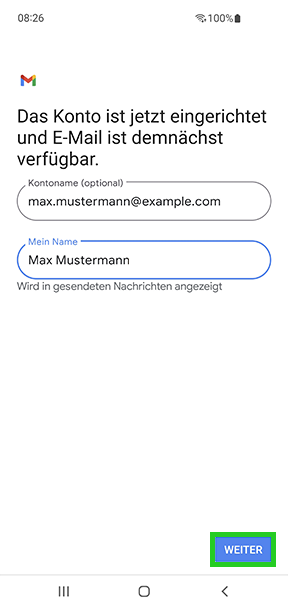 Der Screen Das Konto ist jetzt eingerichtet und E-Mail ist demnächst verfügbar ist abgebildet.