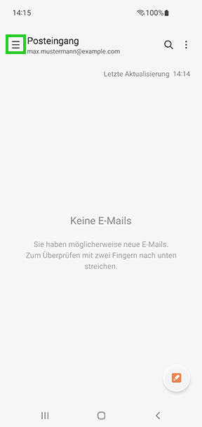 Screenshot: Der Screen Posteingang wird angezeigt. In dem Screen ist das Hamburger-Menü neben der Überschrift Posteingang hervorgehoben.