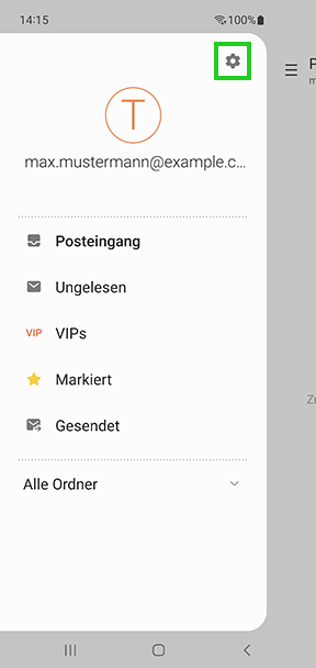 Screenshot: Zahnradsymbol oberhalb von der Ordnerliste des E-Mail-Postfachs