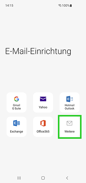 Screenshot: Der Screen E-Mail-Einrichtung wird angezeigt. In diesem Screen ist die Schaltfläche Weitere hervorgehoben.