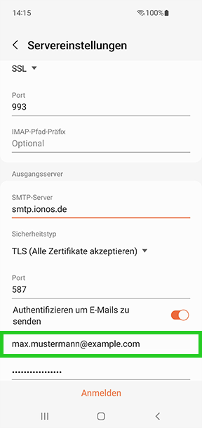 Screenshot: Der Screen Servereinstellungen wird angezeigt. In diesem Screen ist das Feld mit der E-Mail-Adresse hervorgehoben, das unter dem Menüpunkt Authentifizieren um E-Mails zu senden aufgeführt ist.