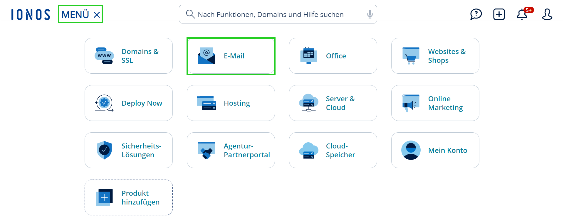 Screenshot: Screenshot des Menüs, dass über Hauptnavigation geöffnet wird. In dem Screenshot ist die Schaltfläche E-Mail hervorgehoben.