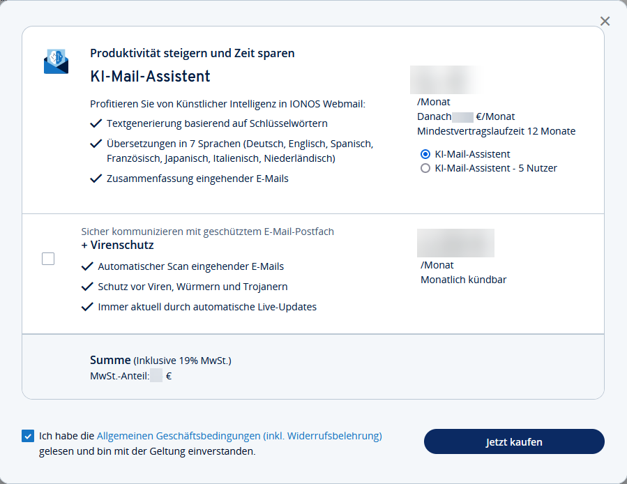 Screenshot: Die Seite Produktivität steigern und Zeit sparen wird angezeigt. Auf dieser Seite wird werden die Option Ich habe die Allgemeinen Geschäftsbedingungen (inkl. Widerrufsbelehrung) gelesen und bin mit der Geltung einverstanden sowie die Schaltfläche Jetzt kaufen angezeigt.