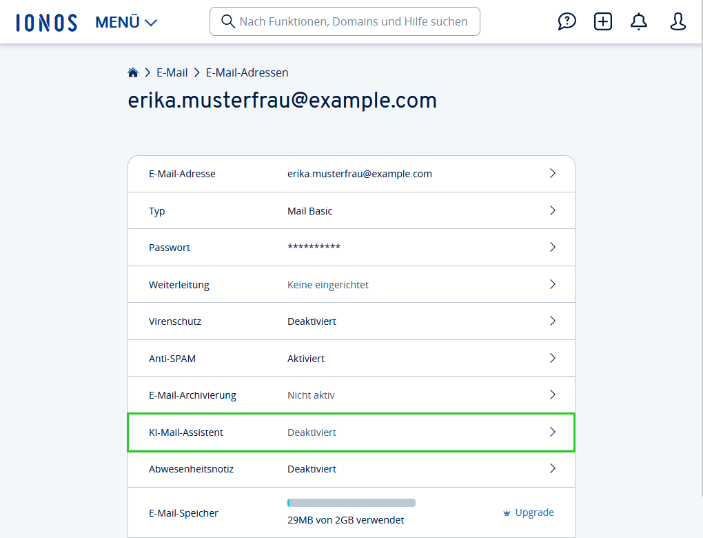 Screenshot: Die Seite mit den Detailinformationen der E-Mail-Adresse wird angezeigt. Auf dieser Seite ist der Menüpunkt KI-Mail-Assistent hervorgehoben.
