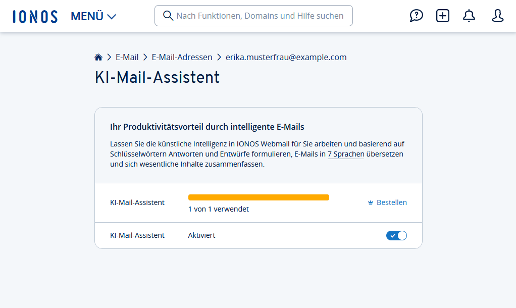 Screenshot: Die Seite mit den Detailinformationen der E-Mail-Adresse wird angezeigt. Auf dieser Seite ist der Menüpunkt KI-Mail-Assistent hervorgehoben.