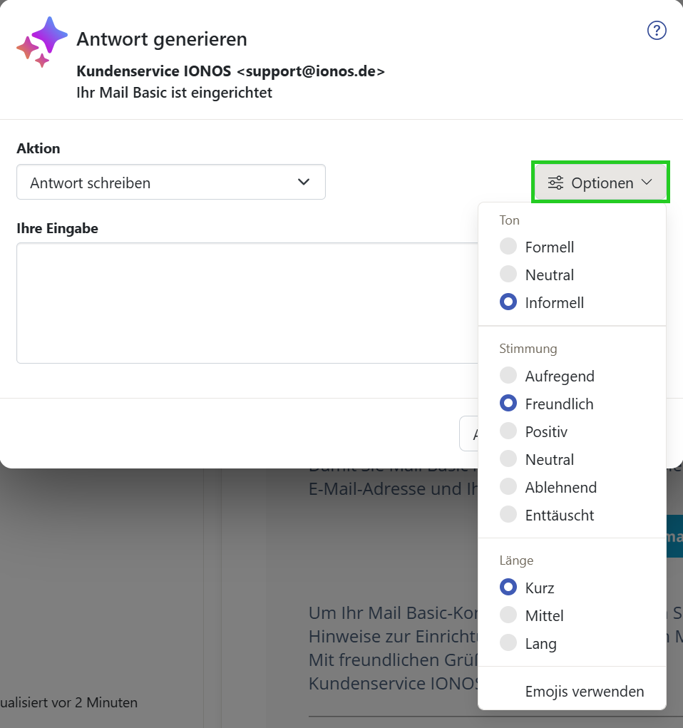 Screenshot: Das Fenster Inhalte generieren wird angezeigt. In diesem Fenster ist die Liste Optionen hervorgehoben.