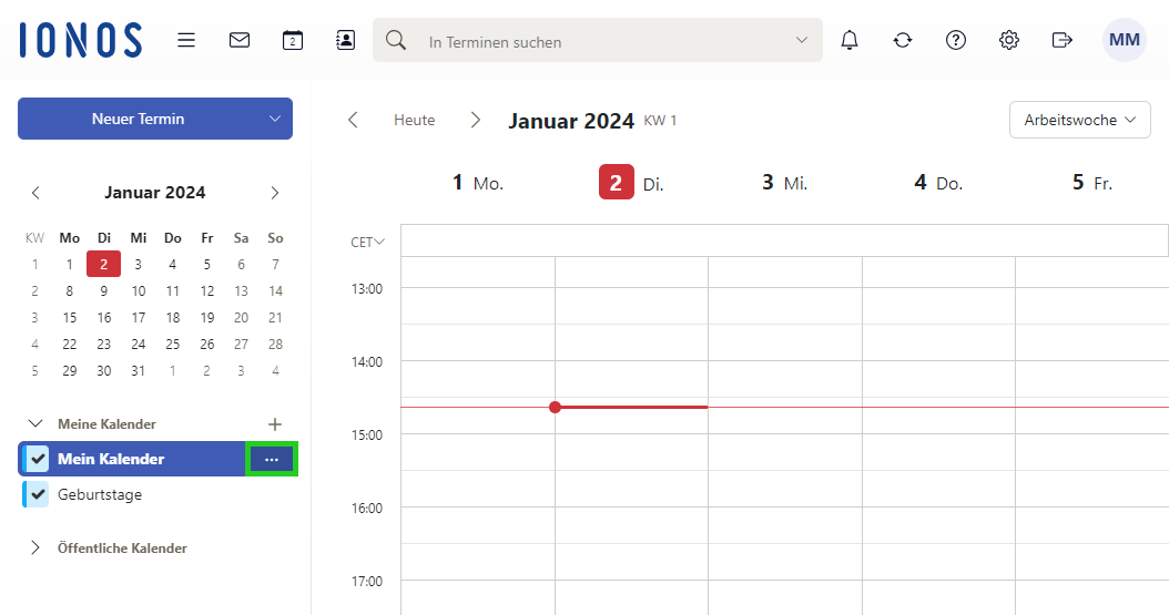 Dieses Bild zeigt die drei Punkte, die in der Navigationsleiste links in Webmail neben den Kalendern aufgeführt sind.