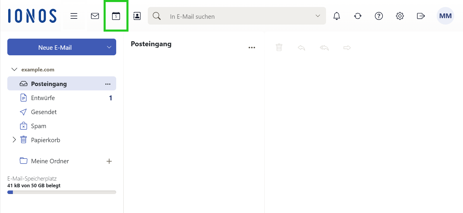 Das Dashboard in Webmail ist abgebildet. In der Hauptnavigation ist die Schaltfläche Kalender hervorgehoben.