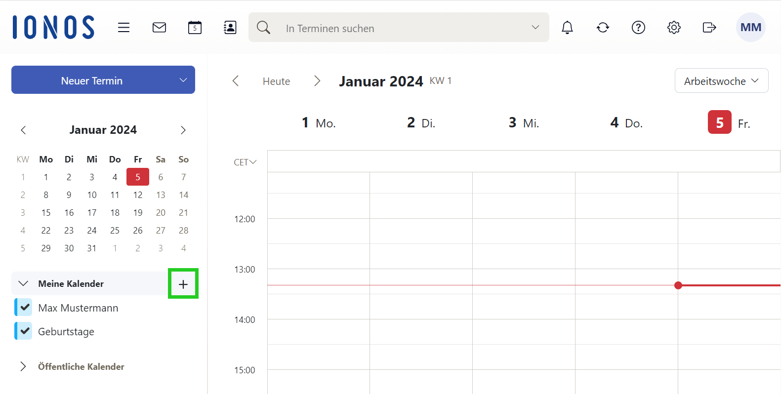 Der Kalender mit der Monatsübersicht wird angezeigt. Unter der Kalenderübersicht wird die Schaltfläche Ordnerspezifische Aktionen angezeigt. Diese Schaltfläche ist hervorgehoben.