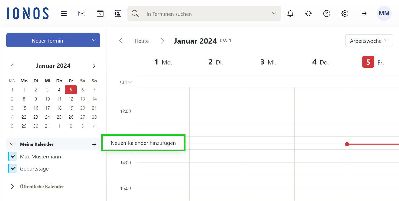 Der Kalender mit der Monatsübersicht wird angezeigt. Die Schaltfläche Neuen Kalender hinzufügen ist hervorgehoben, die nach einem Klick auf das Pluszeichen angezeigt wird.
