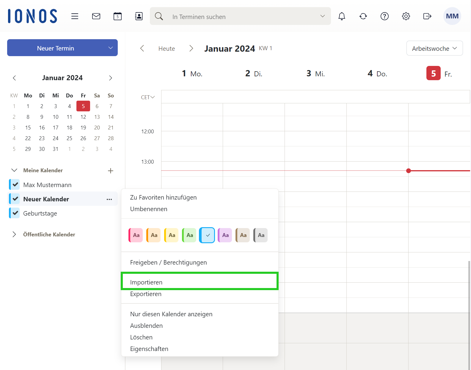 Das Kontextmenü wird angezeigt, das sich nach einem Klick auf die Schaltfläche Aktionen für Neuer Kalender angezeigt wird. In diesem Kontextmenü ist die Schaltfläche Importieren hervorgehoben.