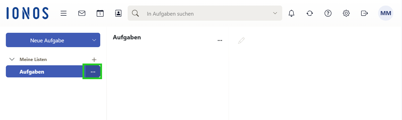Der Bereich Aufgaben in Webmail ist abgebildet. In diesem Bereich ist in der Navigationsleiste die Schaltfläche Aktionen für Aufgaben hervorgehoben.
