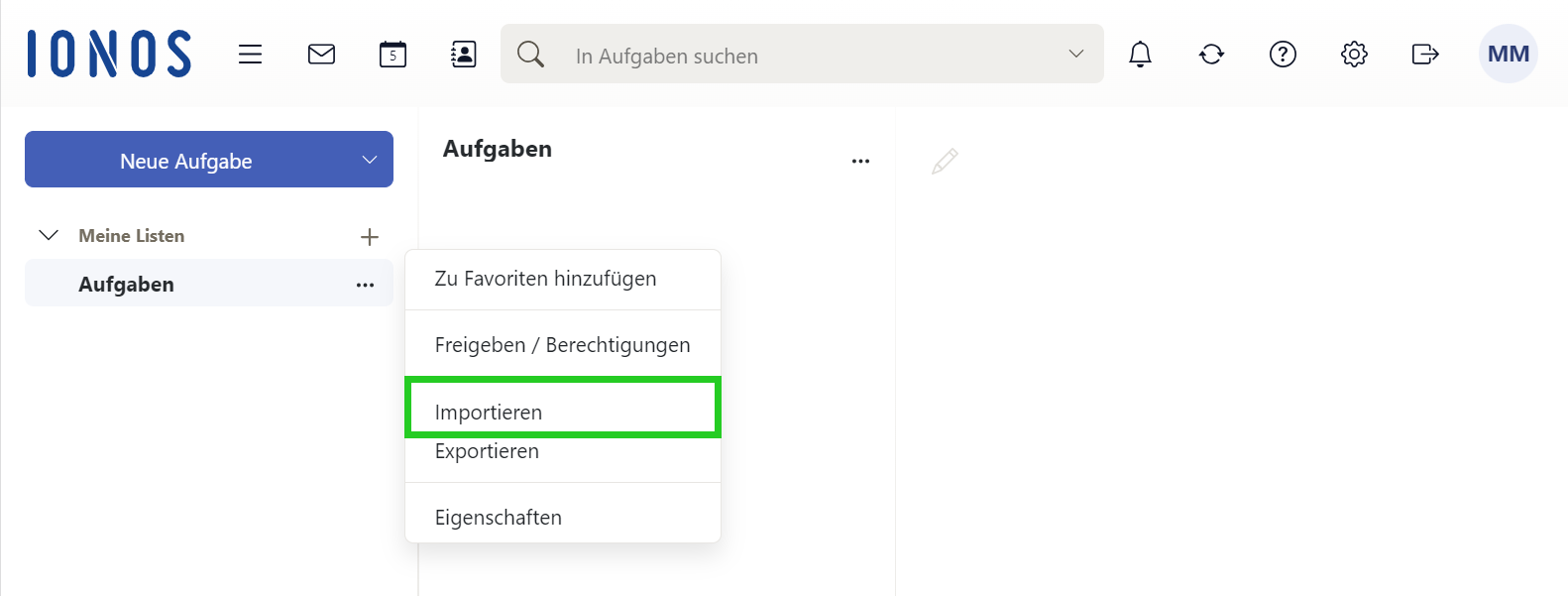 Der Bereich Aufgaben in Webmail ist abgebildet. In diesem Bereich ist im Kontextmenü Aktionen für Aufgaben der Menüpunkt Importieren hervorgehoben.