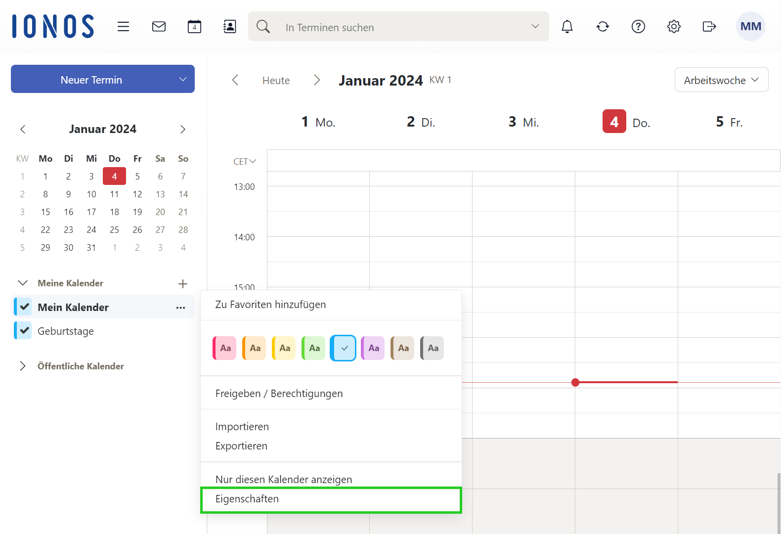 Das Kontextmenü wird angezeigt, das sich nach einem Klick auf die Schaltfläche Aktionen für Neuer Kalender angezeigt wird. In diesem Kontextmenü ist die Schaltfläche Eigenschaften hervorgehoben.