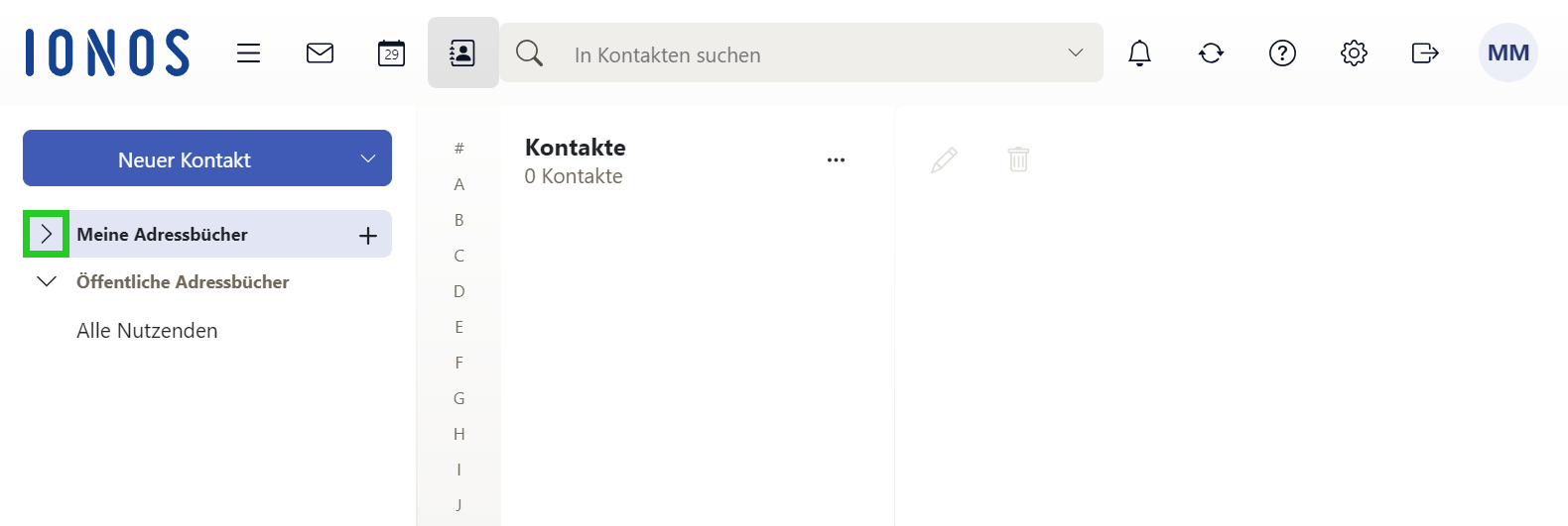 Screenshot des Adressbuchs. Der Pfeil ist hervorgehoben, der neben dem Menüpunkt Meine Adressbücher angezeigt wird.