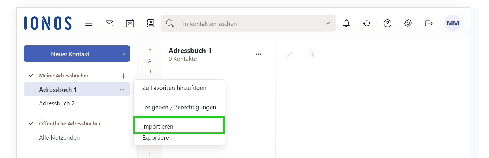 Screenshot: Menüpunkt Importieren in der Liste Aktionen für Kontakte