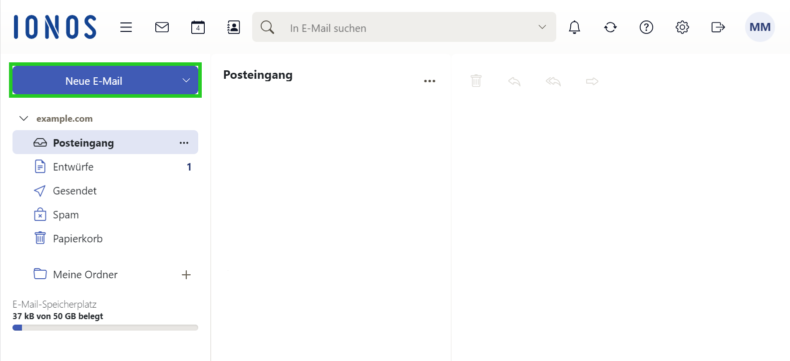 Screenshot: Schaltfläche Neue E-Mail, die im Bereich E-Mail hervorgehoben ist.