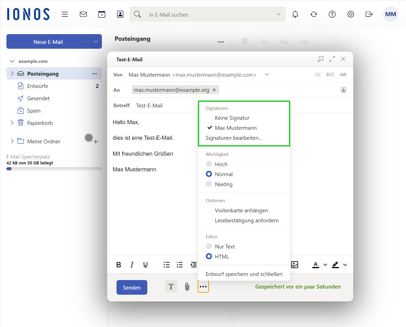 Screenshot einer neu erstellten E-Mail. In der E-Mail wird die Liste mit Aktionen zum Verfassen von E-Mails dargestellt. Diese wird nach einem Klick auf Aktionen zum Verfassen von E-Mails in der Werkzeugleiste in einer neuen E-Mail angezeigt. Der Bereich Signaturen ist in der Liste hervorgehoben.