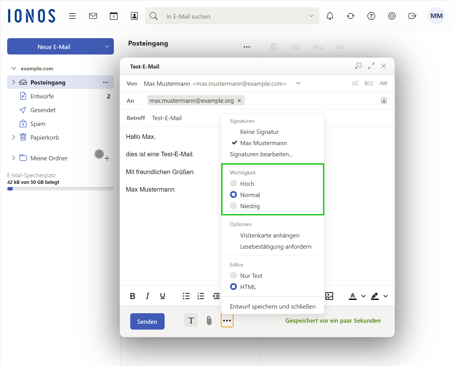 Screenshot: Bereich Wichtigkeit der in der Liste mit Aktionen zum Verfassen von E-Mails hervorgehoben ist.