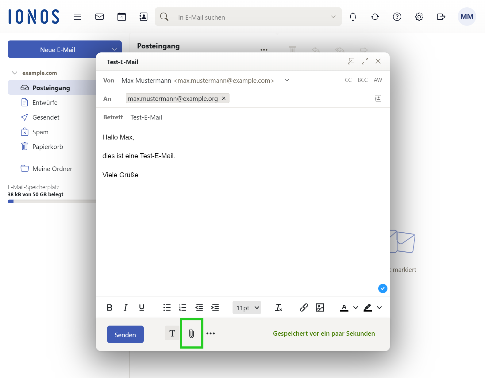 Screenshot: Schaltfläche Anhänge in der Werkzeugleiste der neu erstellten E-Mail