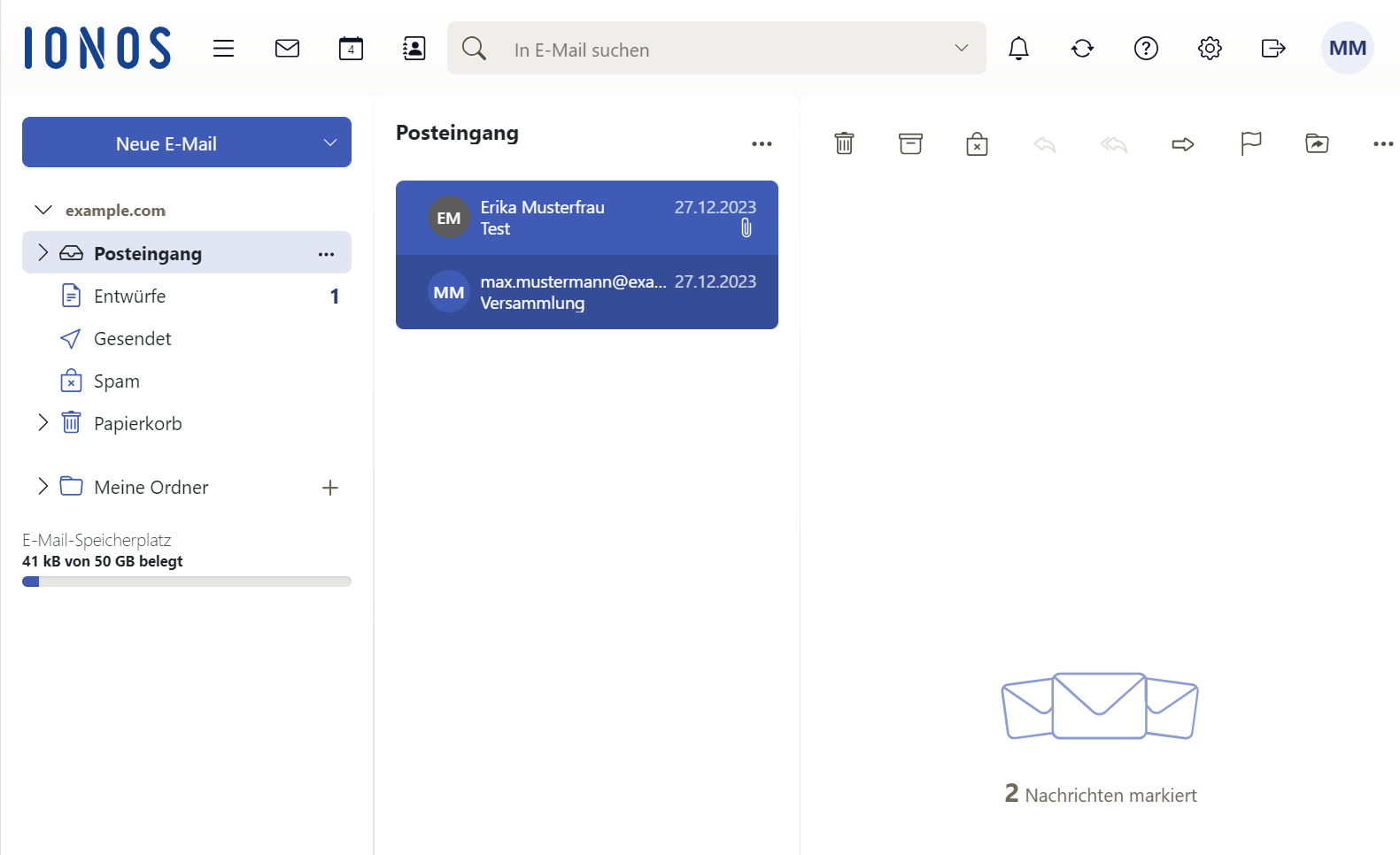 Screenshot: Im Bereich Mail > Posteingang sind zwei E-Mails markiert.
