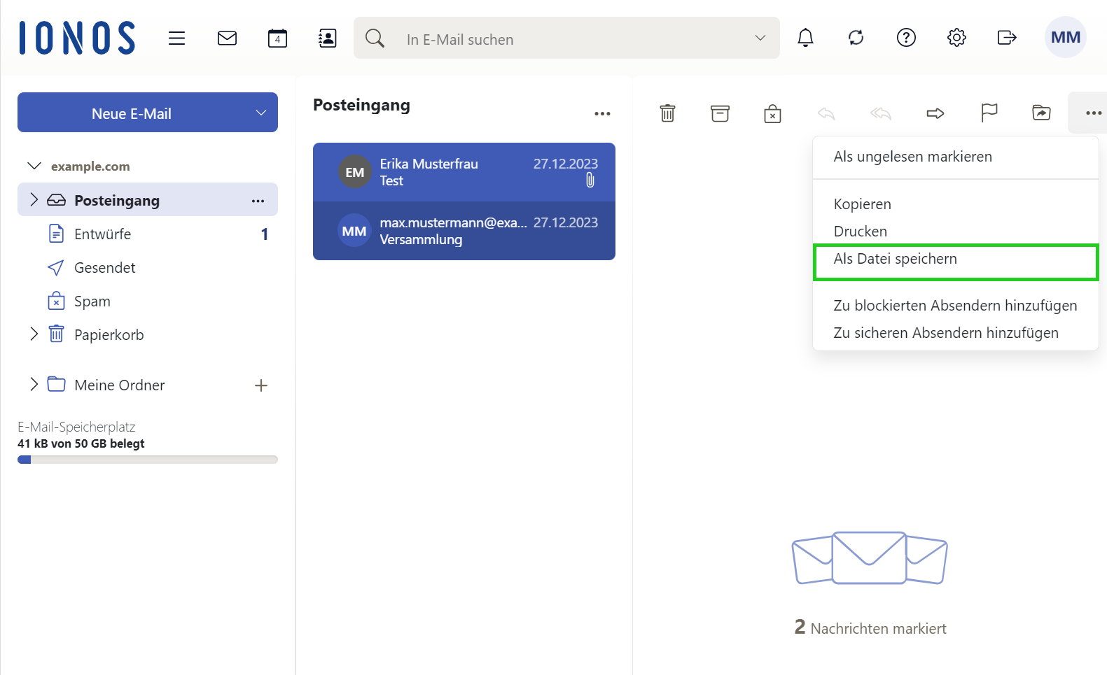 Screenshot: Menüpunkt Als Datei speichern im Bereich Weitere Aktionen.