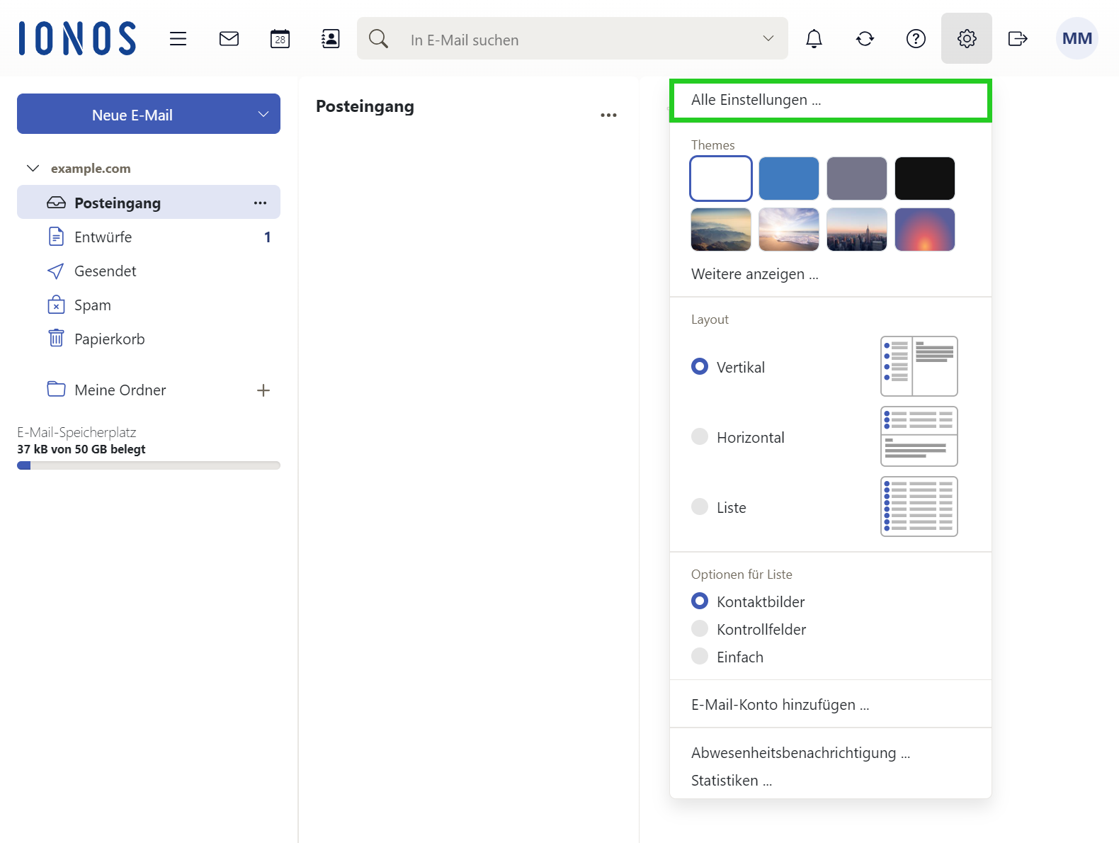 Screenshot der Liste mit den Einstellungen von Webmail. Der Menüpunkt Alle Einstellungen... ist hervorgehoben.