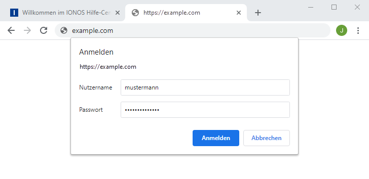 Ein Screenshot, der das Anmeldefenster für verzeichnisgeschützte Seite im Browser Chrome zeigt