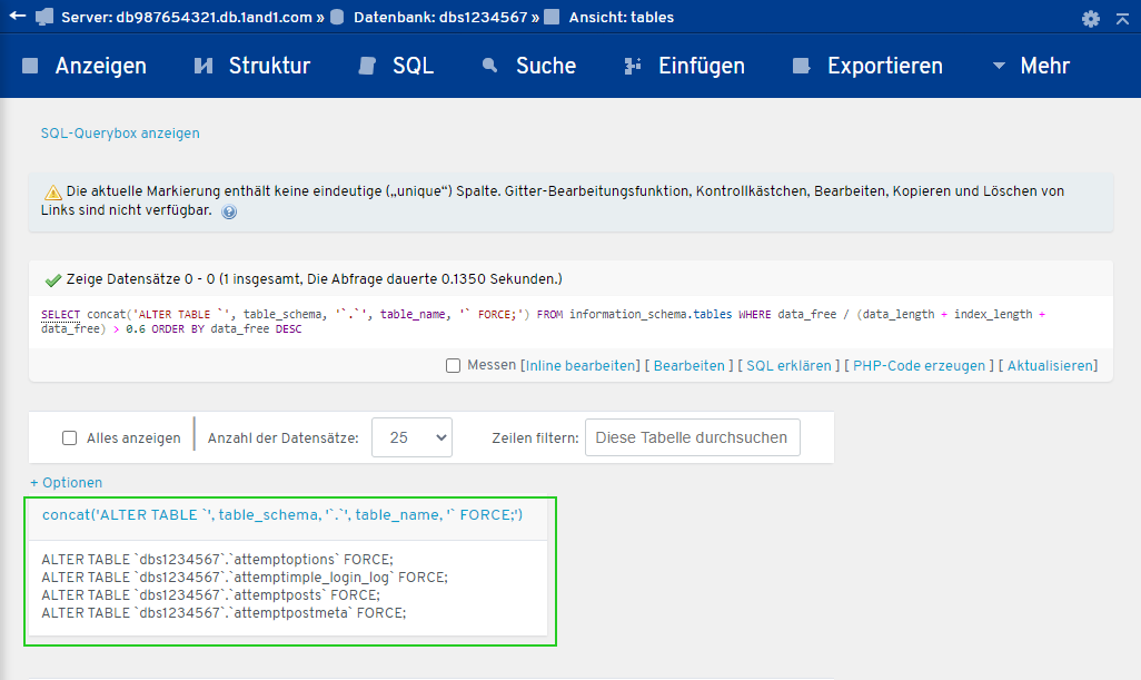 Ausgabe der generierten SQL-Statements in phpMyAdmin