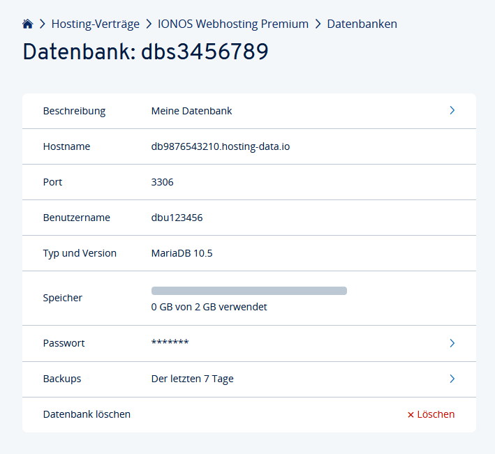 Übersicht der Datenbankdetails im IONOS Konto