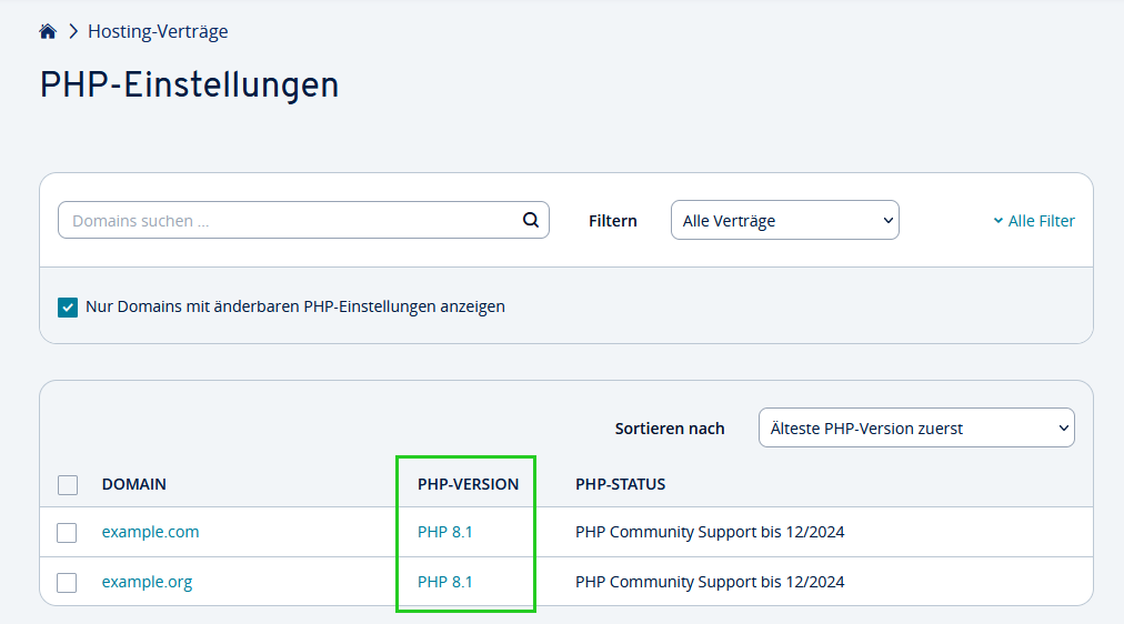 PHP-Einstellungen im IONOS Konto