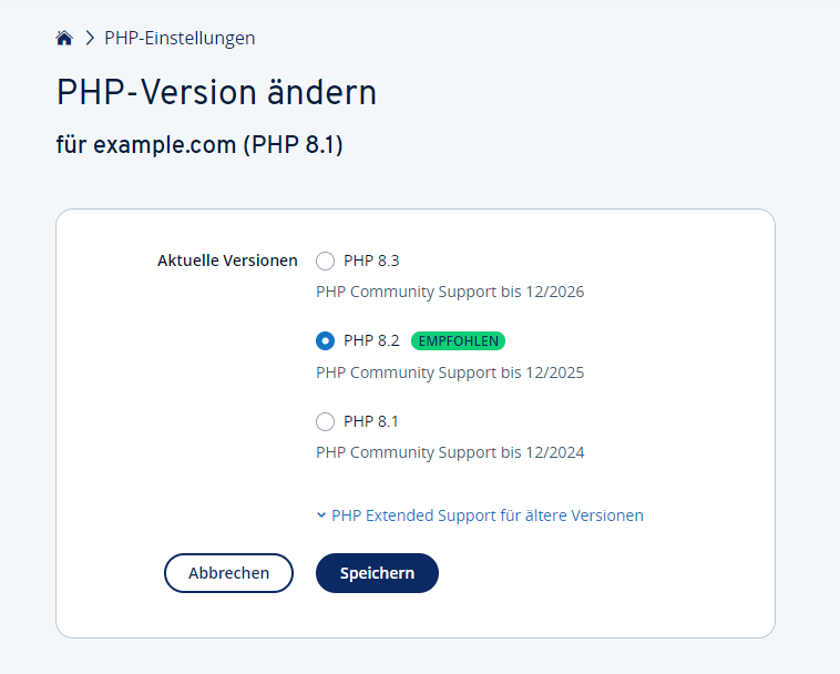Auswahl der PHP-Version im IONOS Konto