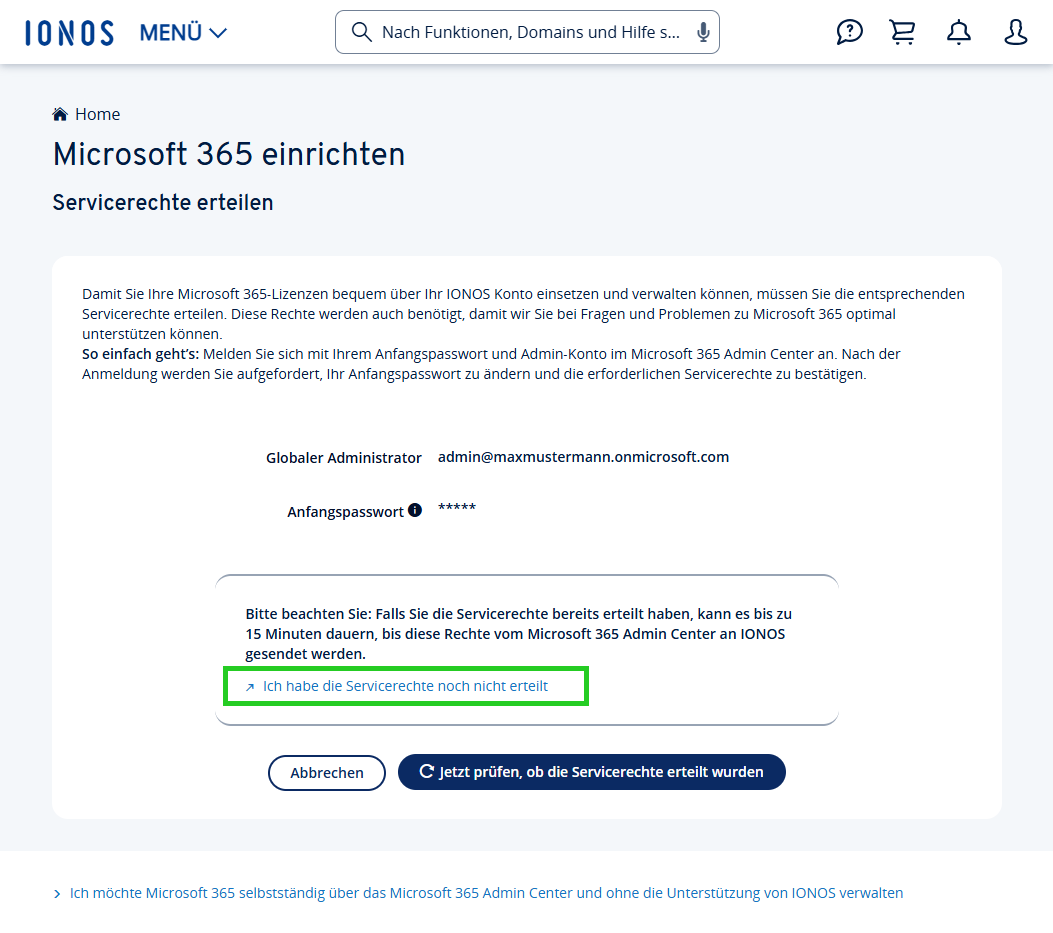 Screenshot: Die Seite Microsoft 365 einrichten wird angezeigt. Auf dieser Seite ist der Link Ich habe die Servicerechte noch nicht erteilt hervorgehoben.