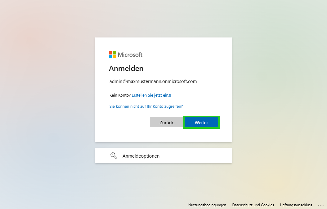 Screenshot: Das Fenster Anmelden wird angezeigt. Auf dieser Seite ist die Schaltfläche Weiter hervorgehoben.
