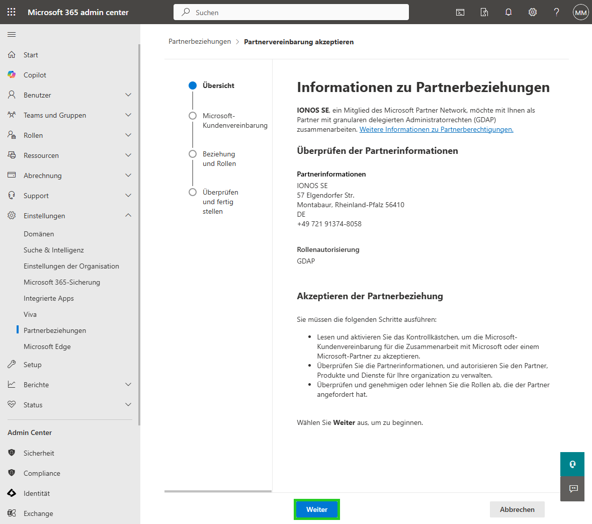 Screenshot: Die Seite Informationen zu Partnerbeziehungen wird angezeigt. Auf dieser Seite ist die Schaltfläche Weiter hervorgehoben.