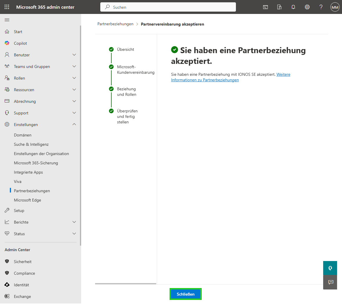 Screenshot: Die Seite Sie haben eine Partnerbeziehung akzeptiert wird angezeigt. Auf dieser Seite ist die Schaltfläche Schließen hervorgehoben.