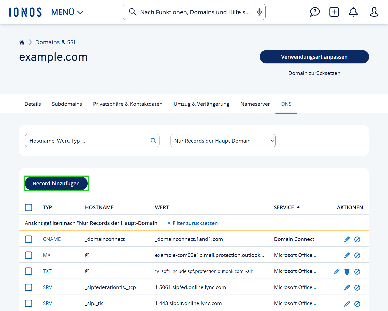 Eine Übersichtsseite mit den DNS-Einstellungen der Domain wird angezeigt. Auf der Seite ist die Schaltfläche Record hinzufügen hervorgehoben.